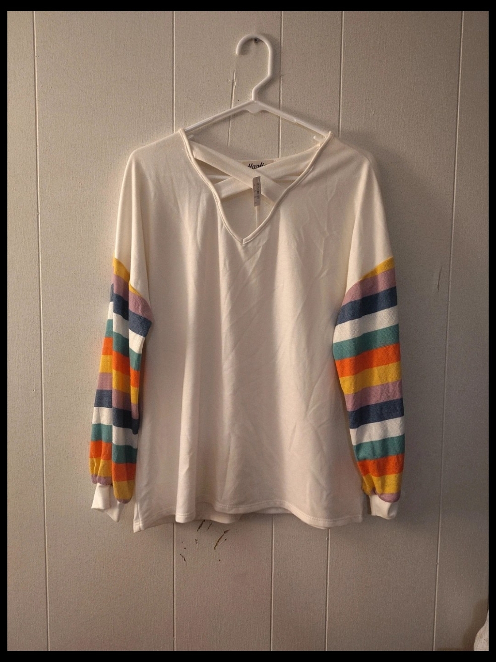 Women's White Long-Sleeve Pullover with Colorful Stripe Sleeves